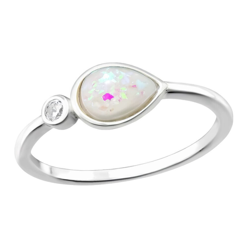 Sterling Silver Opal Teardrop Ring | CZ Accent Stone